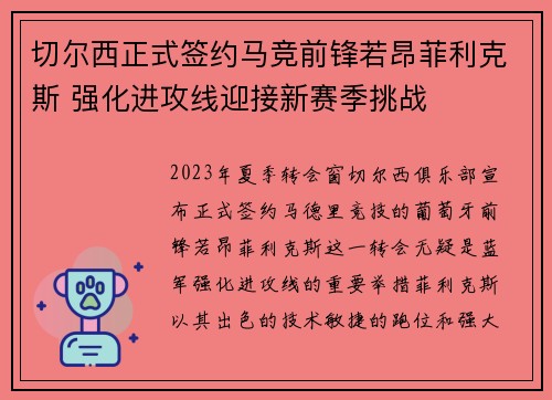 切尔西正式签约马竞前锋若昂菲利克斯 强化进攻线迎接新赛季挑战