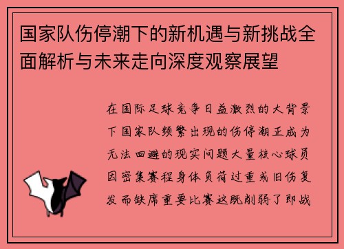 国家队伤停潮下的新机遇与新挑战全面解析与未来走向深度观察展望